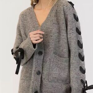 Lyla and Luxe Cozy Grey V-Neck Ribbon Detail Cardigan Sweater